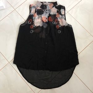 Sheer black top with orange and gray flowers